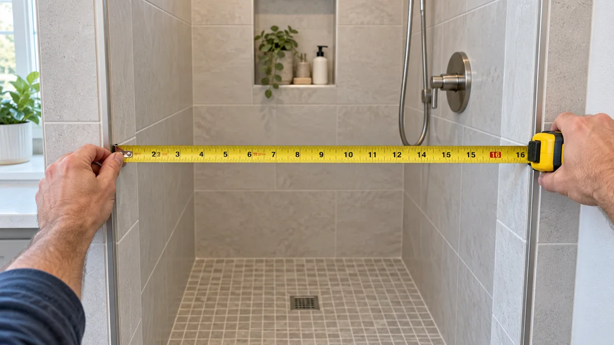 Hands holding a tape measure across a tiled shower opening