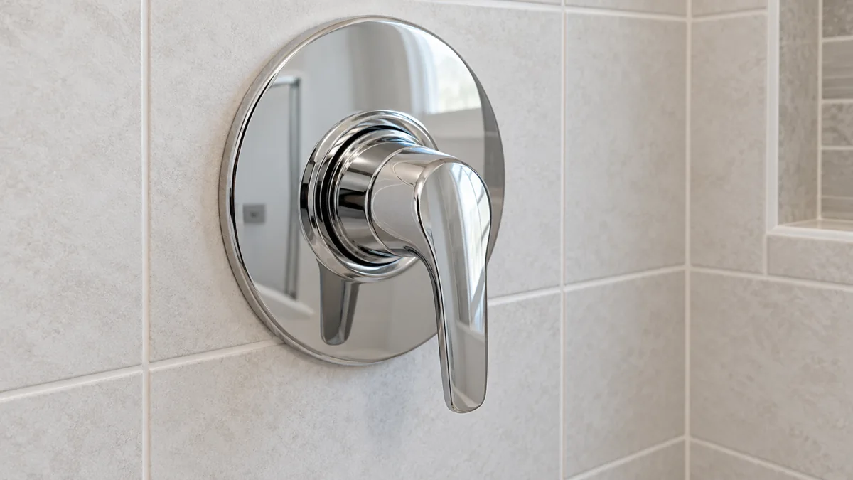 Chrome shower valve handle and wide circular trim plate on a tiled wall