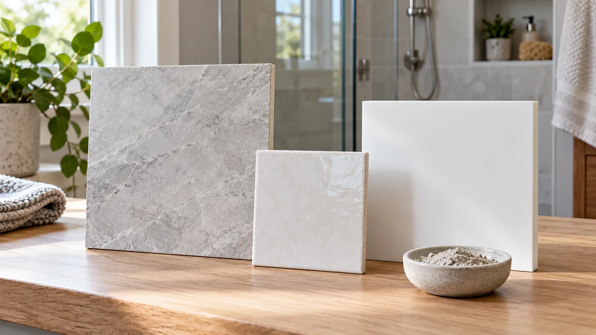 Porcelain tile, ceramic tile and smooth white wall-panel samples on a bathroom worktable