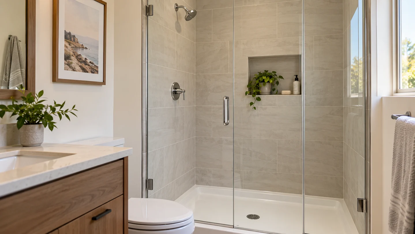 Illustrative residential shower with tiled walls, chrome controls and a glass enclosure